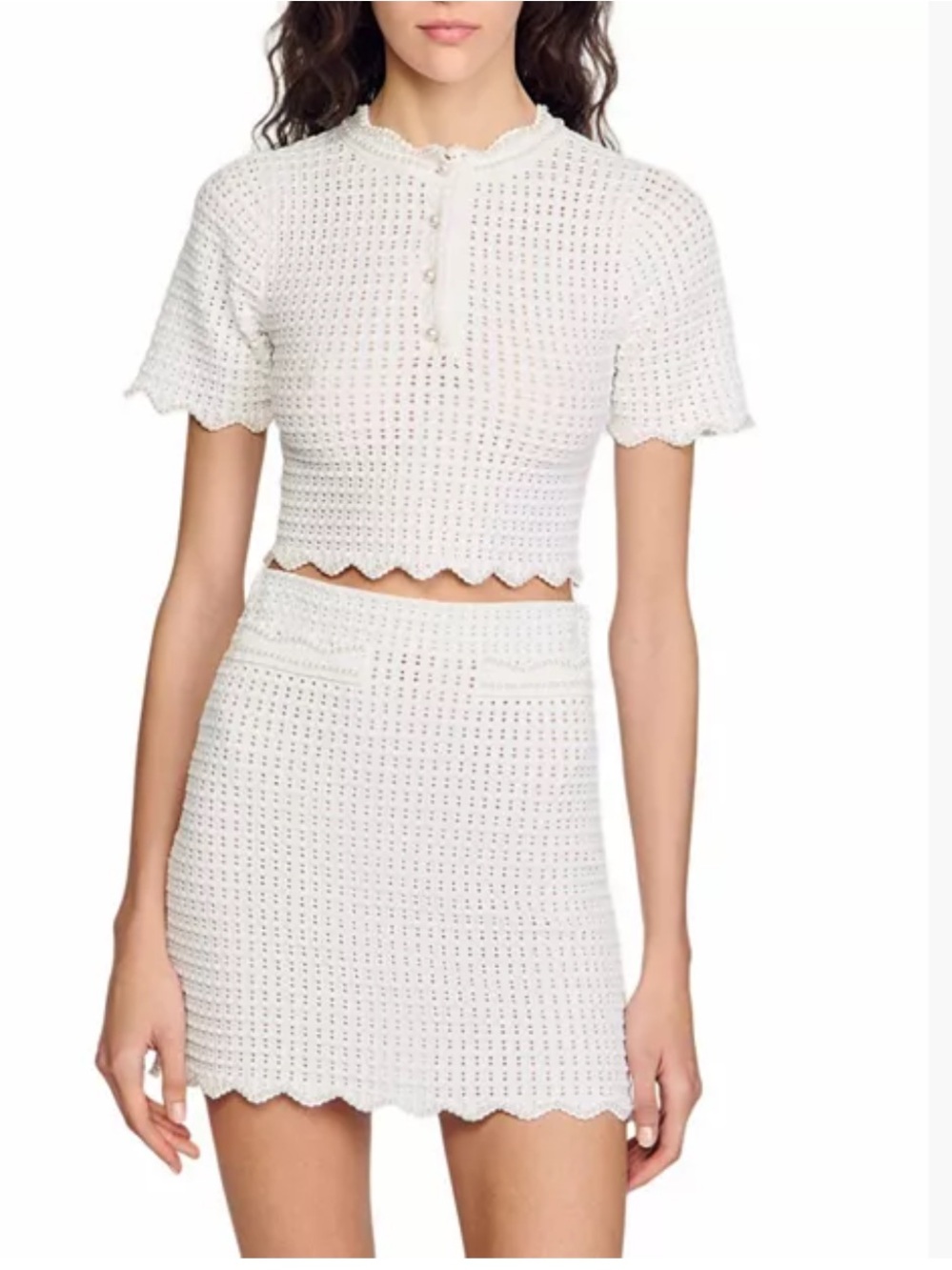 Sandro White Textured Knit Crop Top & Skirt Set